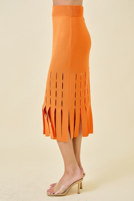 Orange Sweater Midi Skirt With Fringe Hem