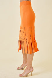 Orange Sweater Midi Skirt With Fringe Hem