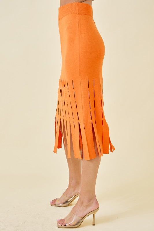 Orange Sweater Midi Skirt With Fringe Hem