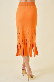 Orange Sweater Midi Skirt With Fringe Hem