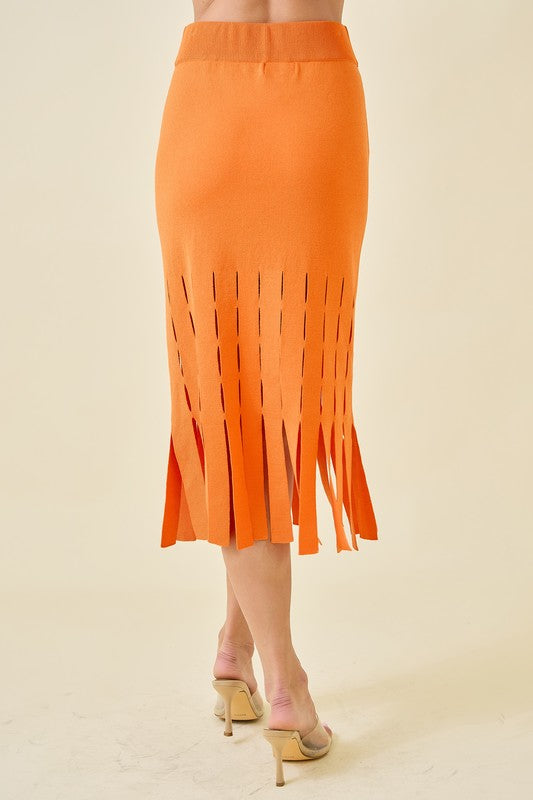 Orange Sweater Midi Skirt With Fringe Hem