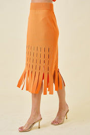 Orange Sweater Midi Skirt With Fringe Hem