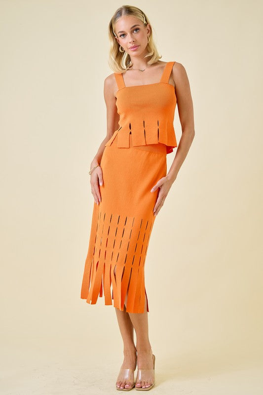 Orange Sweater Midi Skirt With Fringe Hem