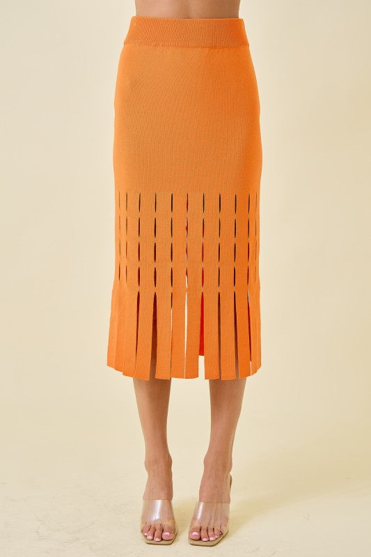 Orange Sweater Midi Skirt With Fringe Hem