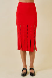 Red Sweater Midi Skirt With Fringe Hem