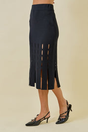 Black Sweater Midi Skirt With Fringe Hem