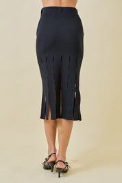 Black Sweater Midi Skirt With Fringe Hem