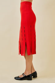 Red Sweater Midi Skirt With Fringe Hem