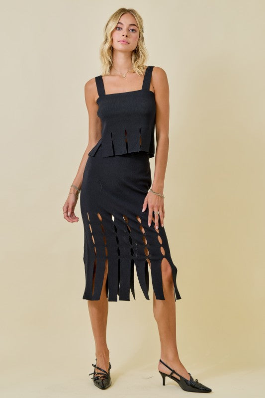 Black Sweater Midi Skirt With Fringe Hem