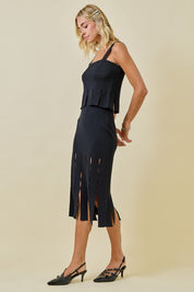 Black Sweater Midi Skirt With Fringe Hem