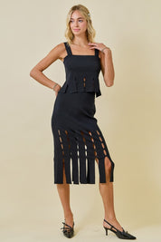 Black Sweater Midi Skirt With Fringe Hem