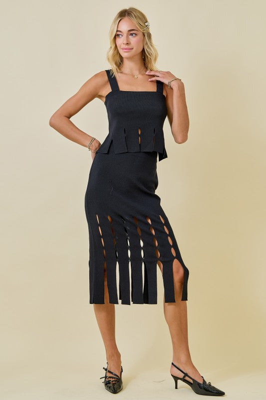 Black Sweater Midi Skirt With Fringe Hem