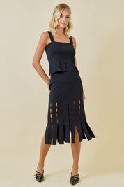 Black Sweater Midi Skirt With Fringe Hem