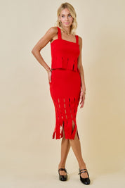 Red Sweater Midi Skirt With Fringe Hem