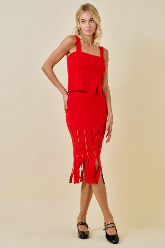 Red Sweater Midi Skirt With Fringe Hem