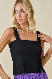 Black Sweater Cropped Tank Top With Fringe Hem