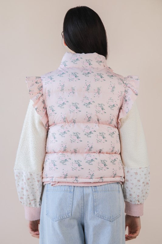 Pink Floral Bow Ruffle Puffer Vest