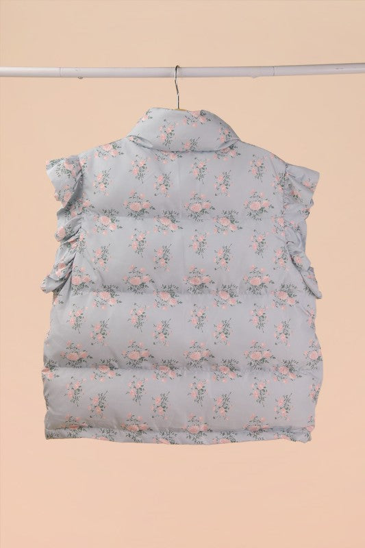 Blue Floral Bow Ruffle Puffer Vest