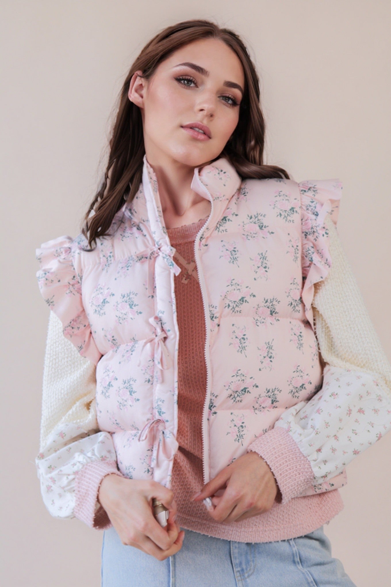 Pink Floral Bow Ruffle Puffer Vest