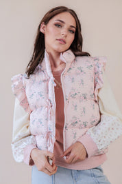 Pink Floral Bow Ruffle Puffer Vest