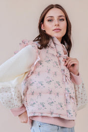Pink Floral Bow Ruffle Puffer Vest