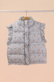 Blue Floral Bow Ruffle Puffer Vest