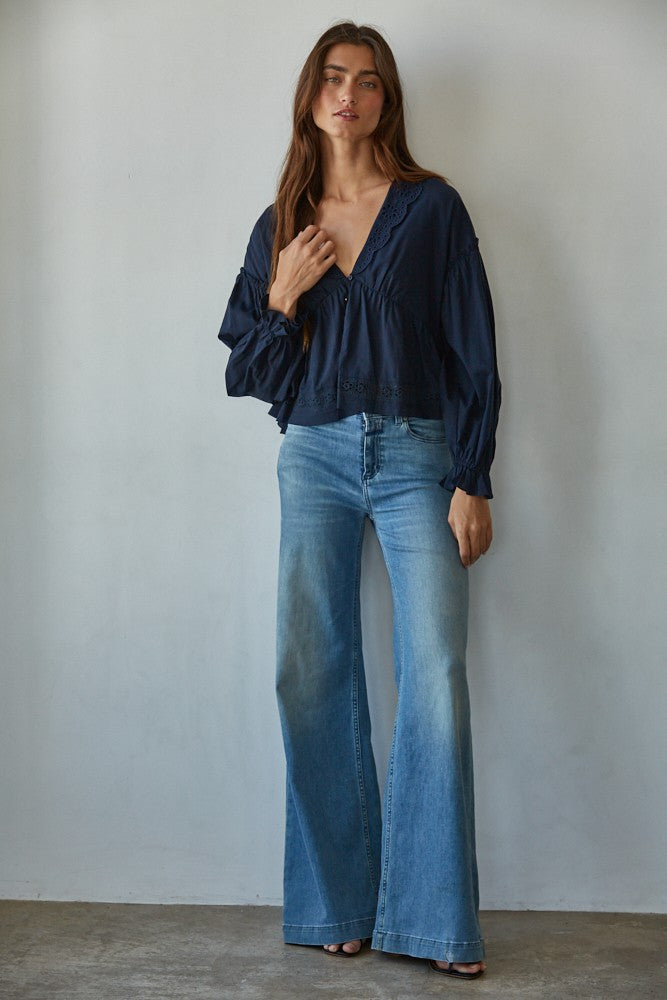 Navy Eyelet Collared Top