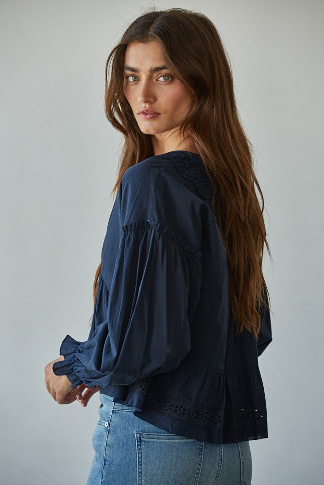 Navy Eyelet Collared Top