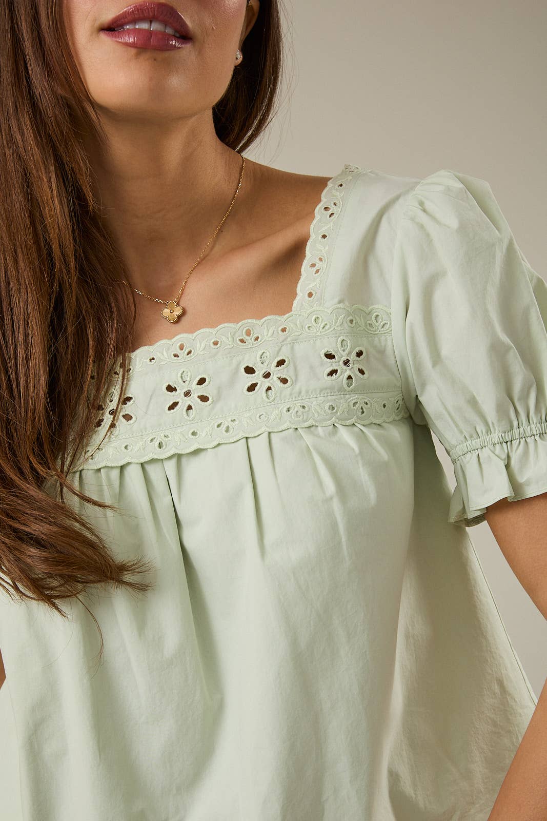 Green Square Neck Eyelet Blouse
