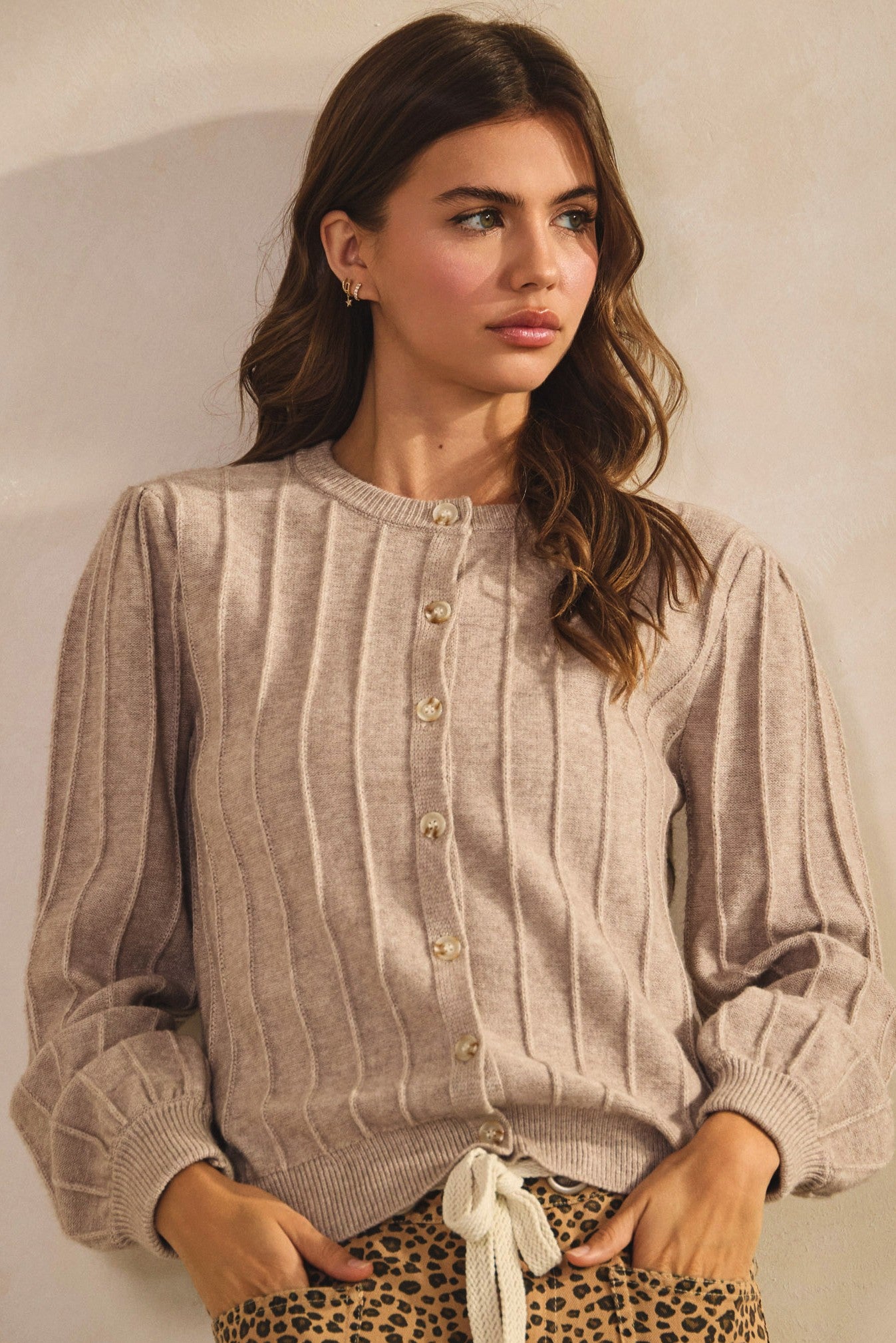 Lt Brown Pleated Cardigan