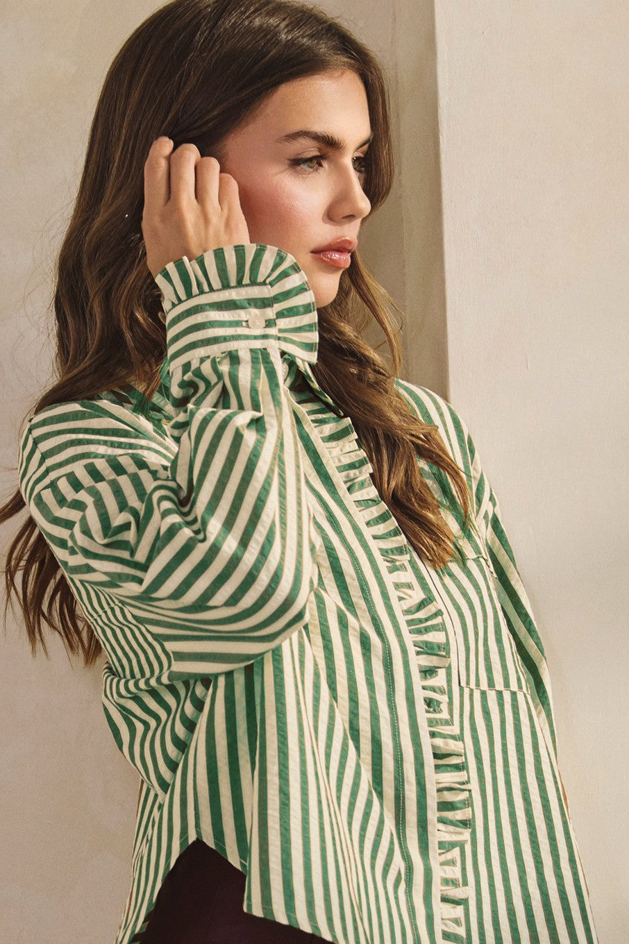 Green Ruffle Button Down Top