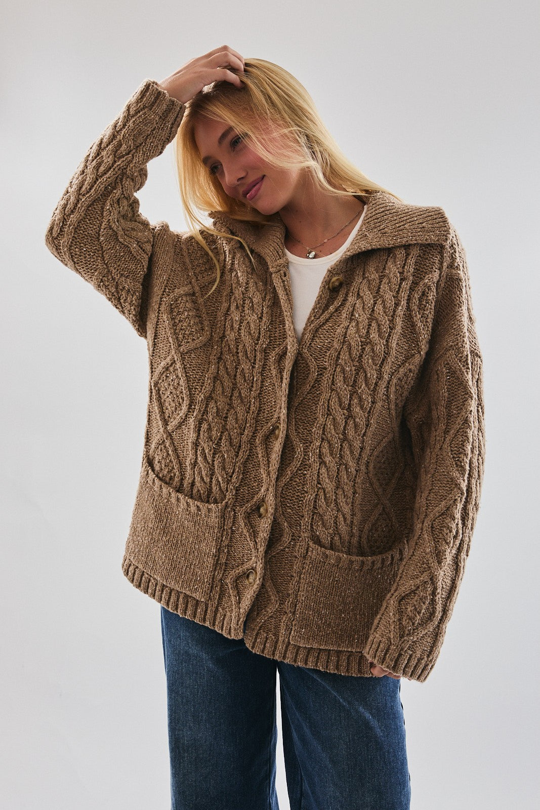 Beige Front Pocket Oversized Cardigan