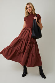 Mock Neck Knit Tiered Midi Dress