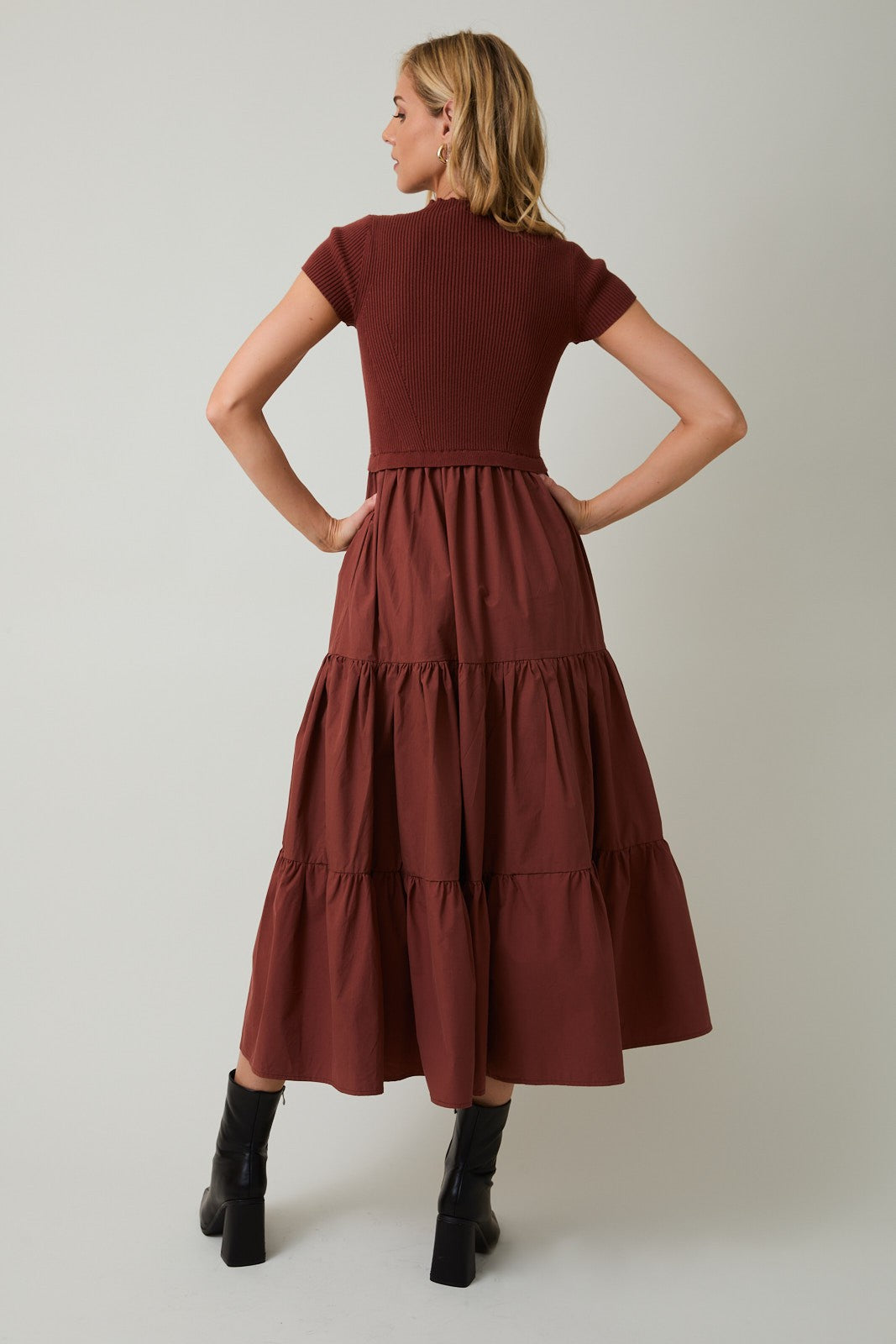 Mock Neck Knit Tiered Midi Dress