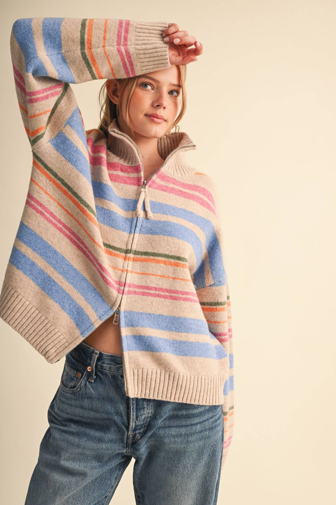 Cream Striped Mock Neck Zip Up Cardigan