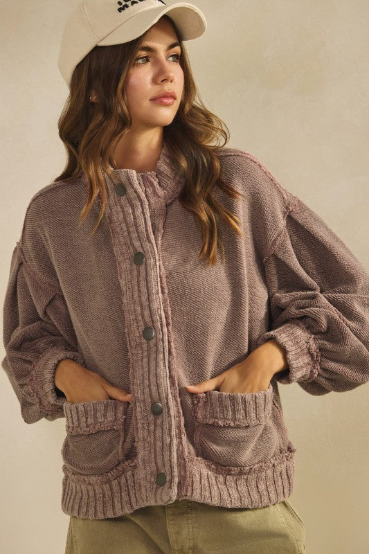 Mocha Washed Trim Cardigan Jacket