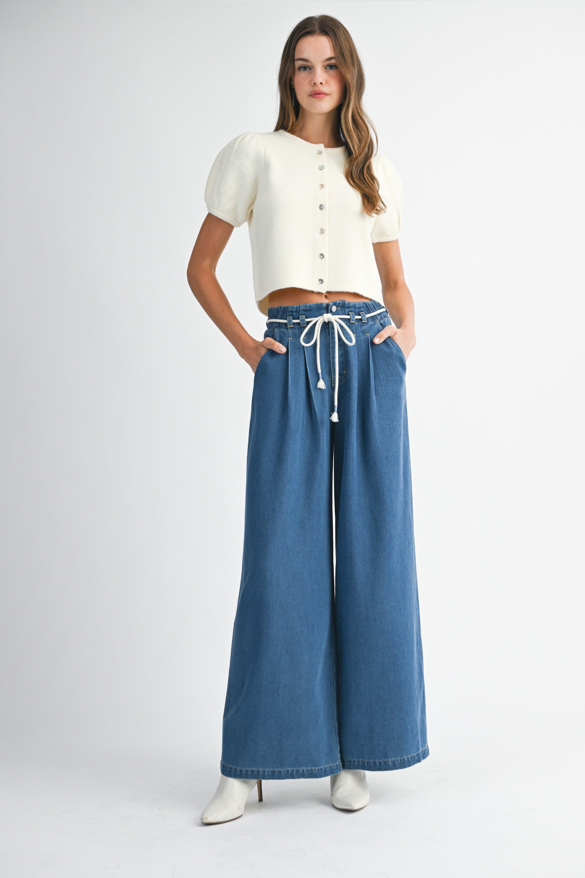 Denim Pleated Wide Jean