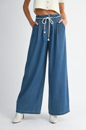 Denim Pleated Wide Jean