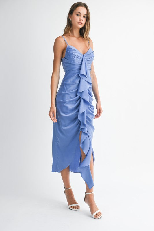 Periwinkle Satin Ruffle Midi Dress