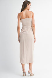 Champagne Satin Ruffle Midi Dress