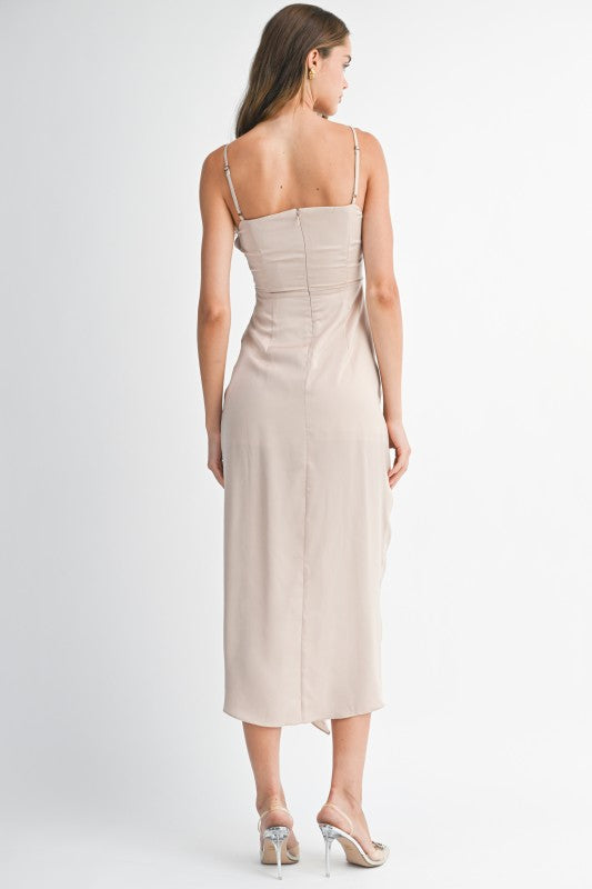 Champagne Satin Ruffle Midi Dress