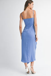 Periwinkle Satin Ruffle Midi Dress