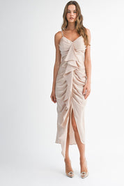 Champagne Satin Ruffle Midi Dress