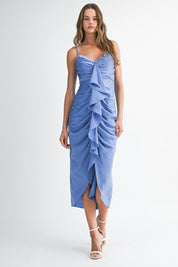 Periwinkle Satin Ruffle Midi Dress