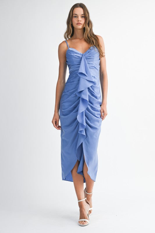 Periwinkle Satin Ruffle Midi Dress