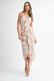 Champagne Satin Ruffle Midi Dress