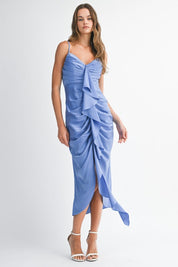 Periwinkle Satin Ruffle Midi Dress