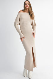Tan Off Shoulder Knit Dress