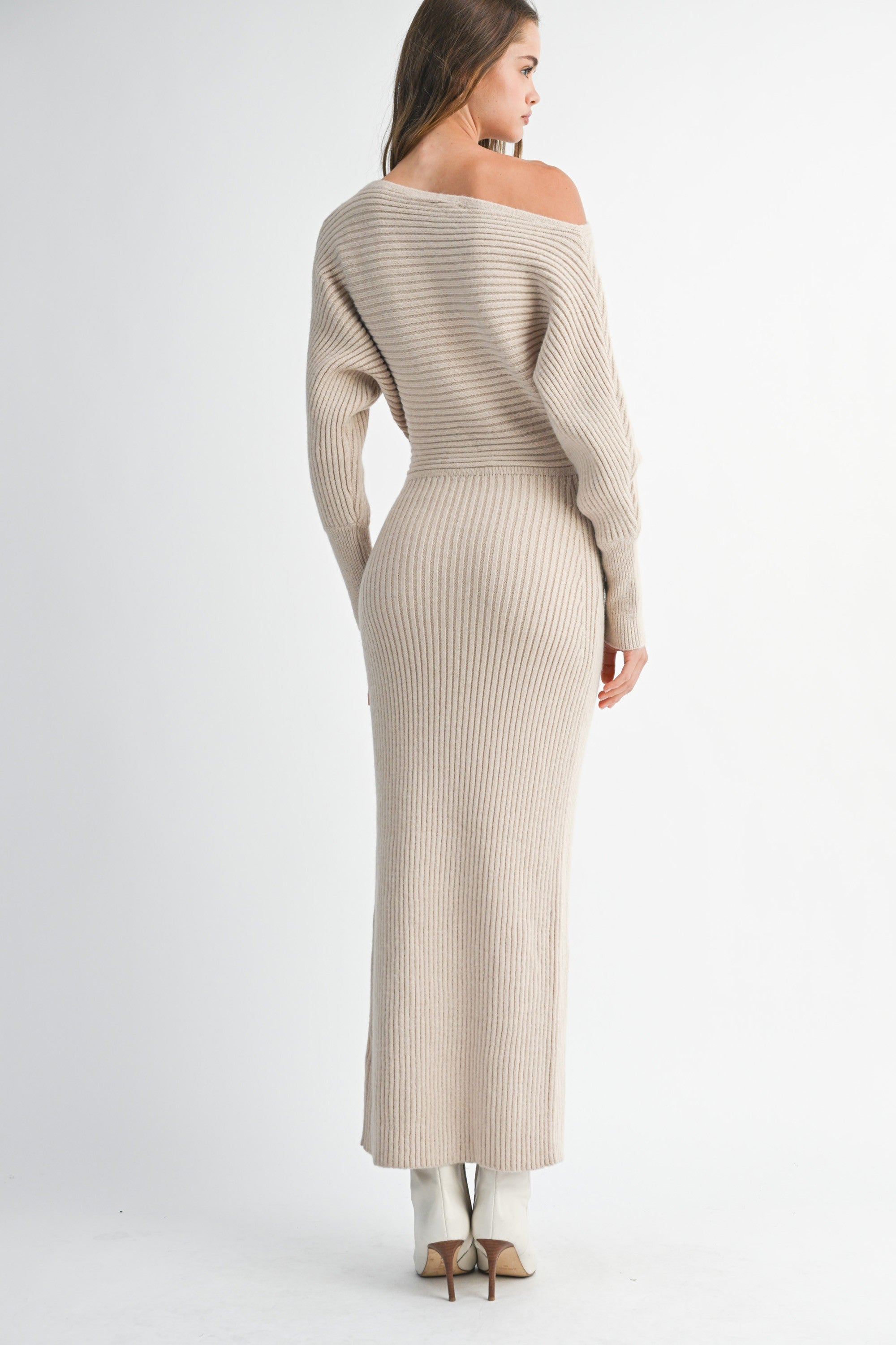 Tan Off Shoulder Knit Dress