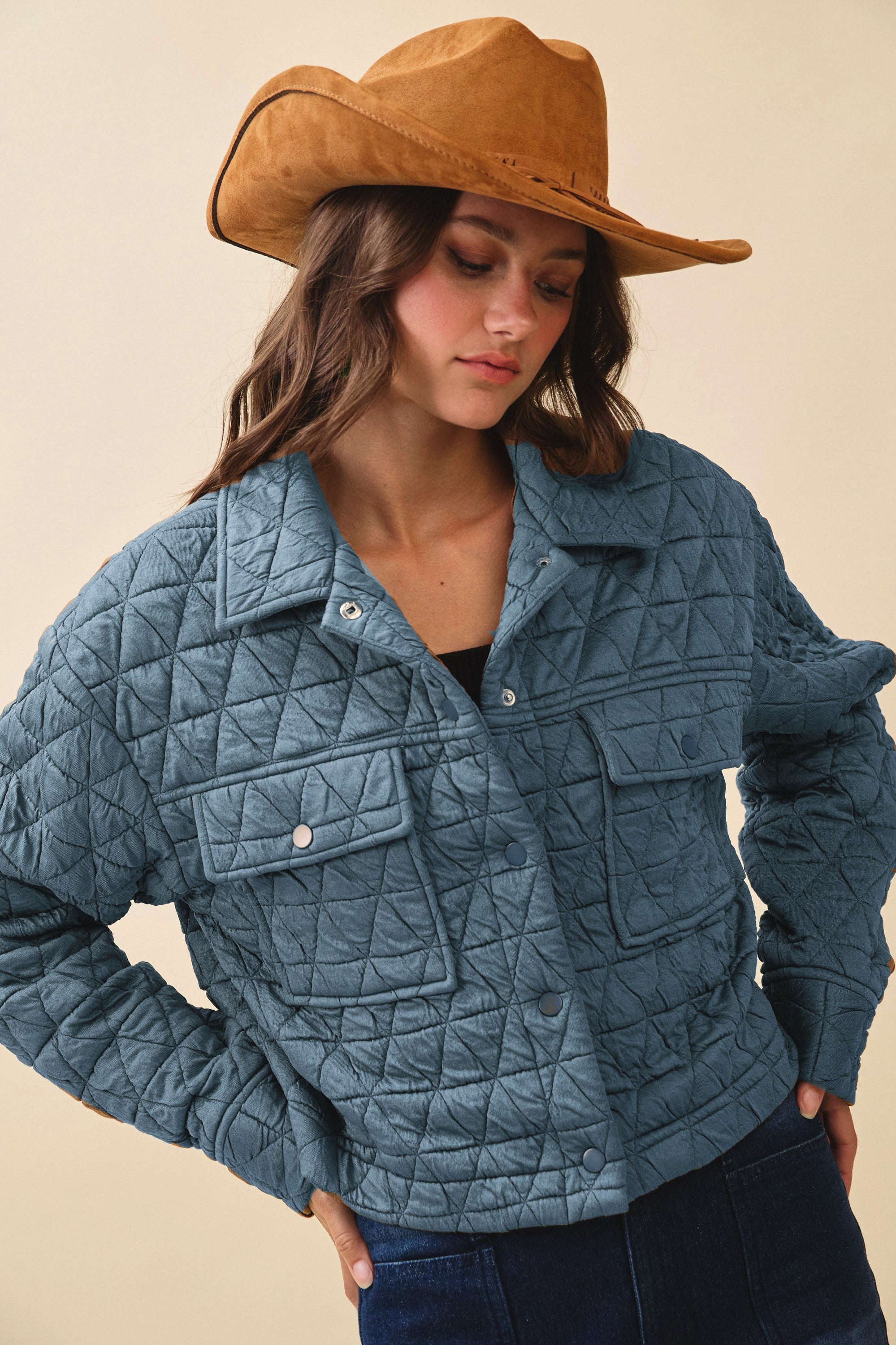 Blue Quilted Collared Jacket